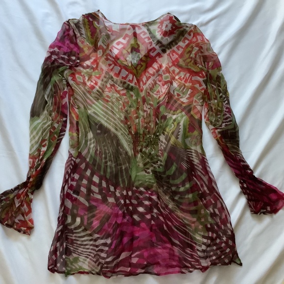 Kay Celine Multicolored Sheer Tunic with Beaded Neckline, NWT, Size S - Picture 15 of 16